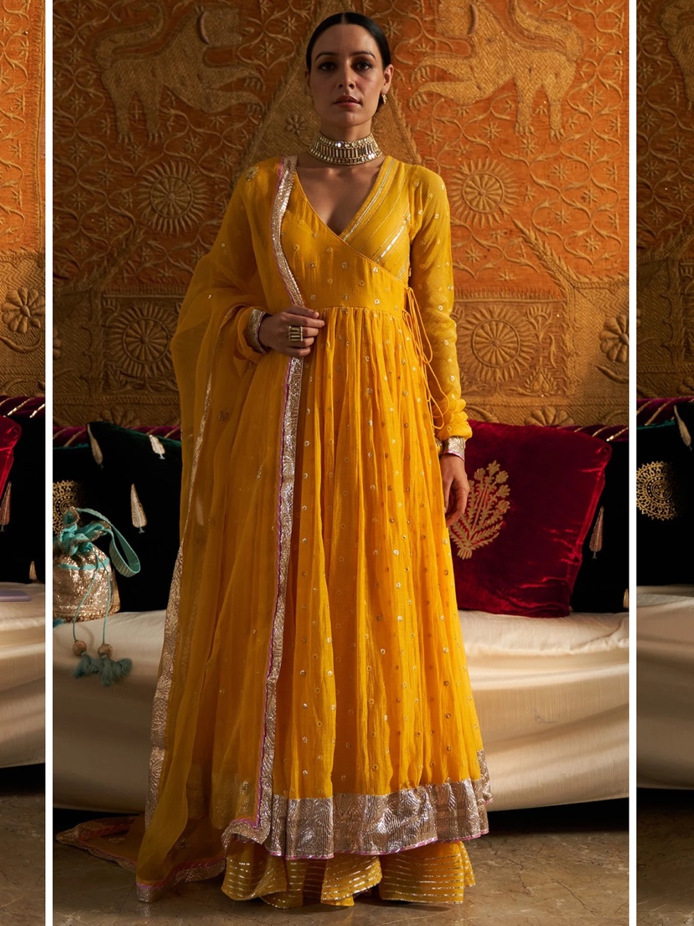 Phillauri Mustard Yellow Angrakha Style Anarkali With Sharara& Dupatta. BUST 24